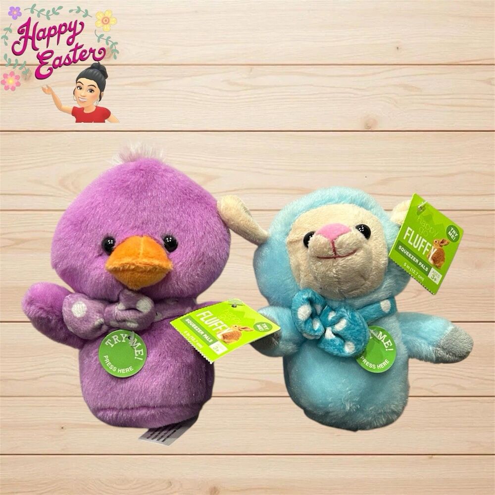 2x Happy Go Fluffy Squeezer Pals "Happy Easter" 5in. Each